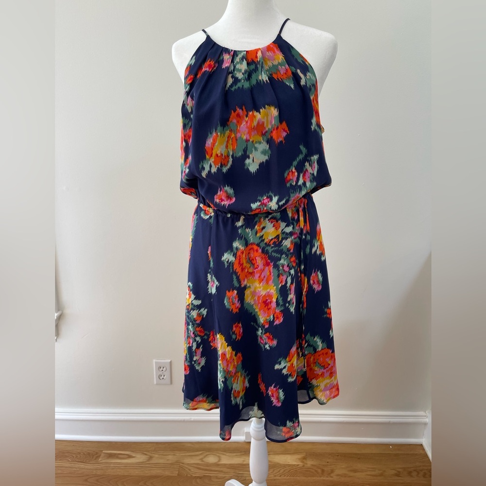 Joie silk dress in size M in navy and multi-color floral pattern
